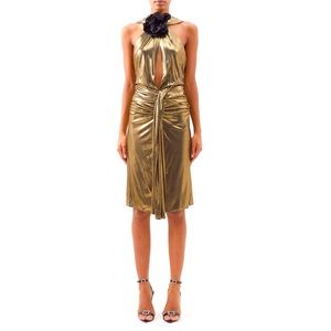 Saint Laurent floral-detail gold metallic laminated-finish dress Sz 34/ US Sz 2